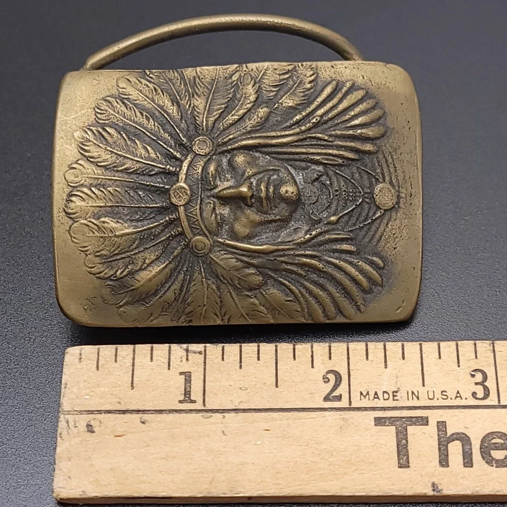 Vintage Solid Brass Native American Chief Belt Buckle Headdress Western Boho